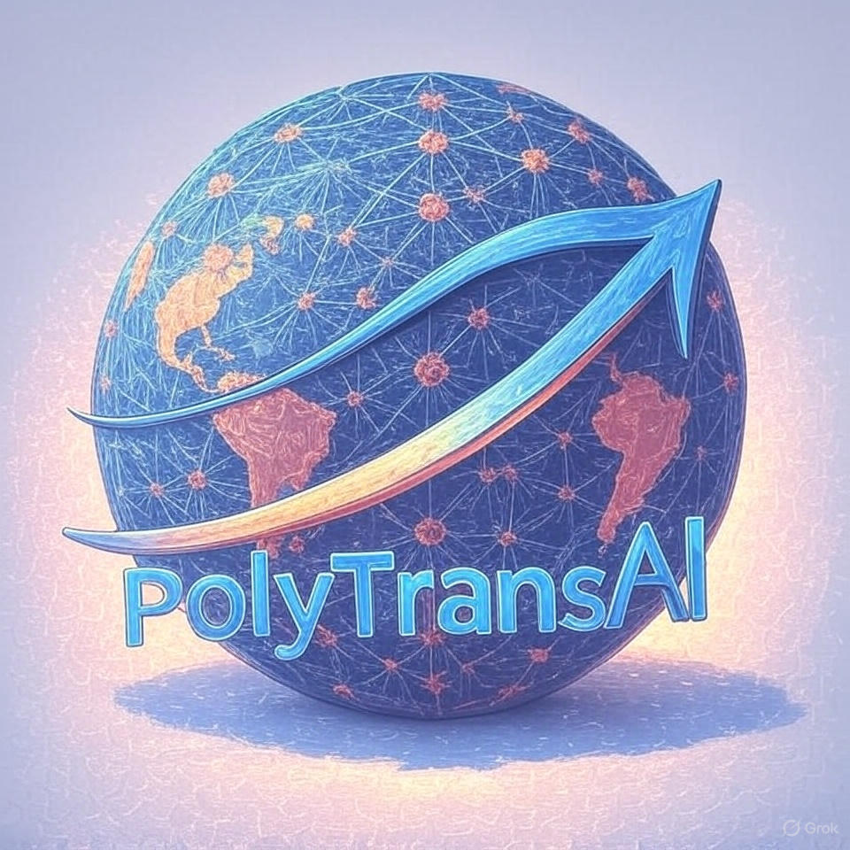 PolyTransAI logo: globe with interconnected nodes and arrow